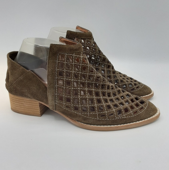 Jeffrey Campbell Taggart Olive Green Suede Cutout Stacked Heel Booties. - Picture 5 of 16